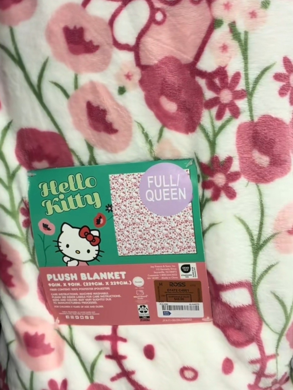 Hello Kitty Pink White Floral Plush Blanket - Cozy Full/Queen